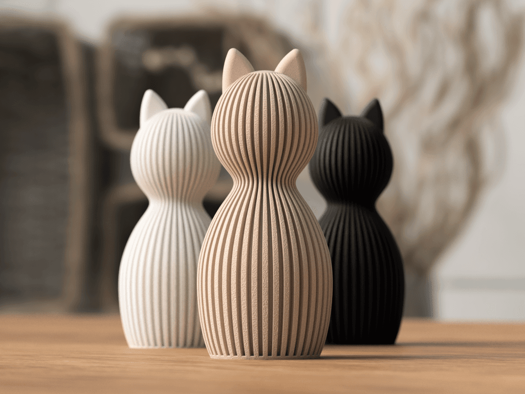 Trio de Esculturas Decorativas Gatos Minimalistas – Design Moderno Ripado 86mm