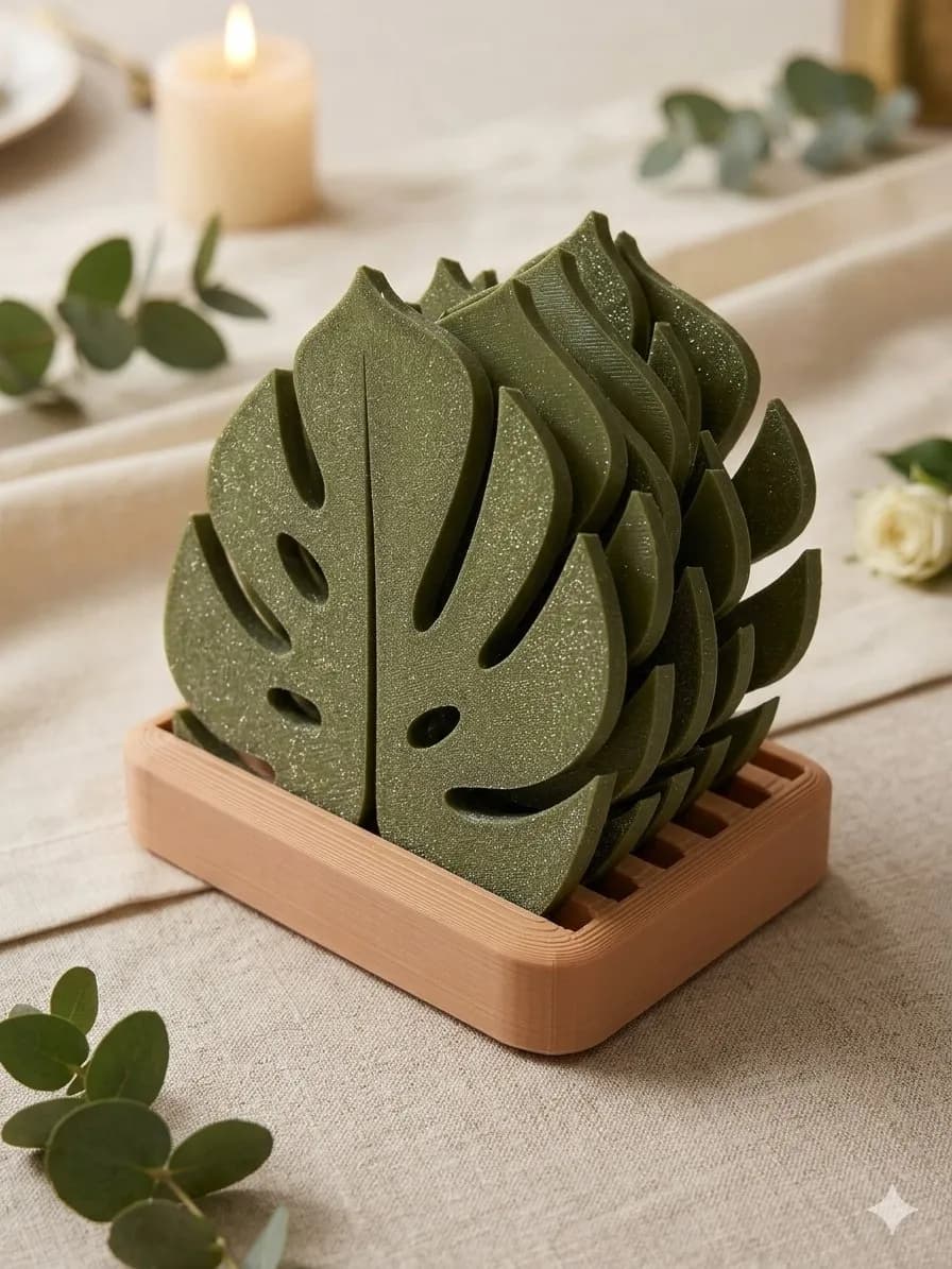 Conjunto de porta-copos de folha de Monstera com suporte
